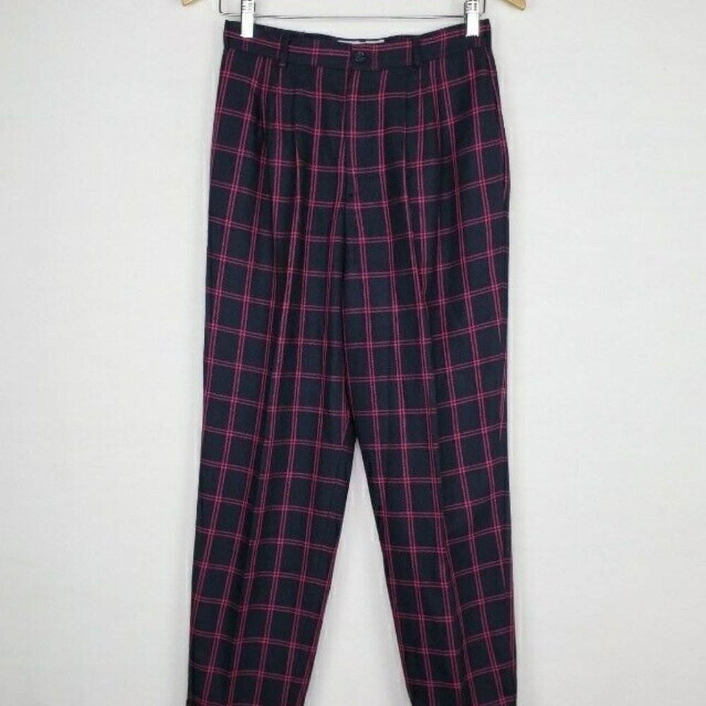 Petite Sophisticate Women's Plaid Trouser Pant Size 10 Vintage Navy Blue Fuschia